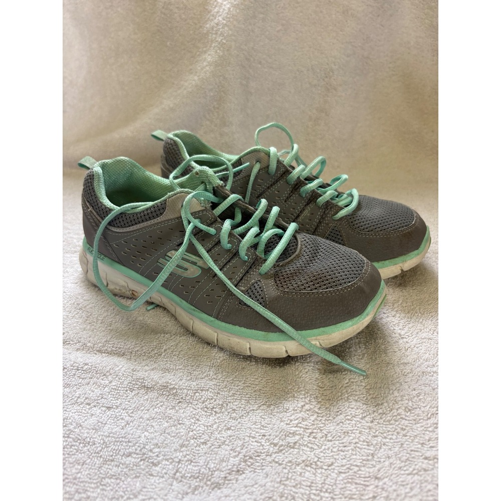 Skechers Flex Sole Women 7.5 Grey Mint Green Athletic Running Shoes